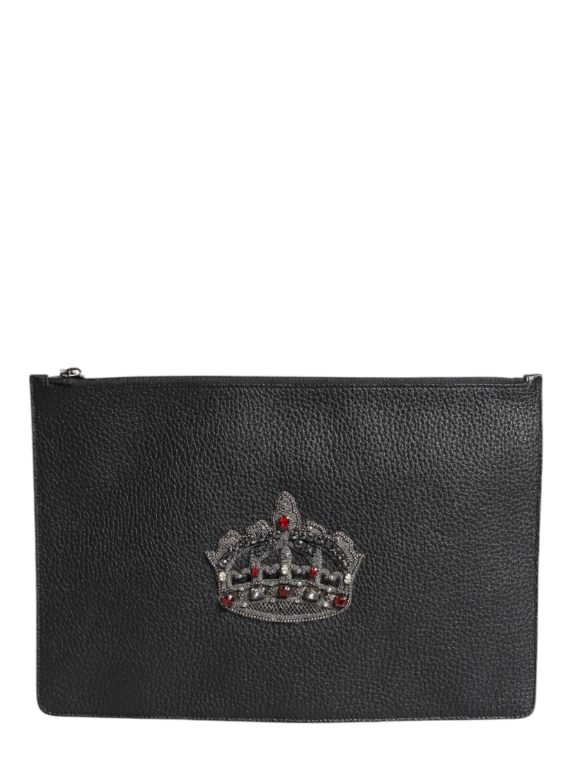 Black Calfskin Crown Embellished Clutch Pouch Bag