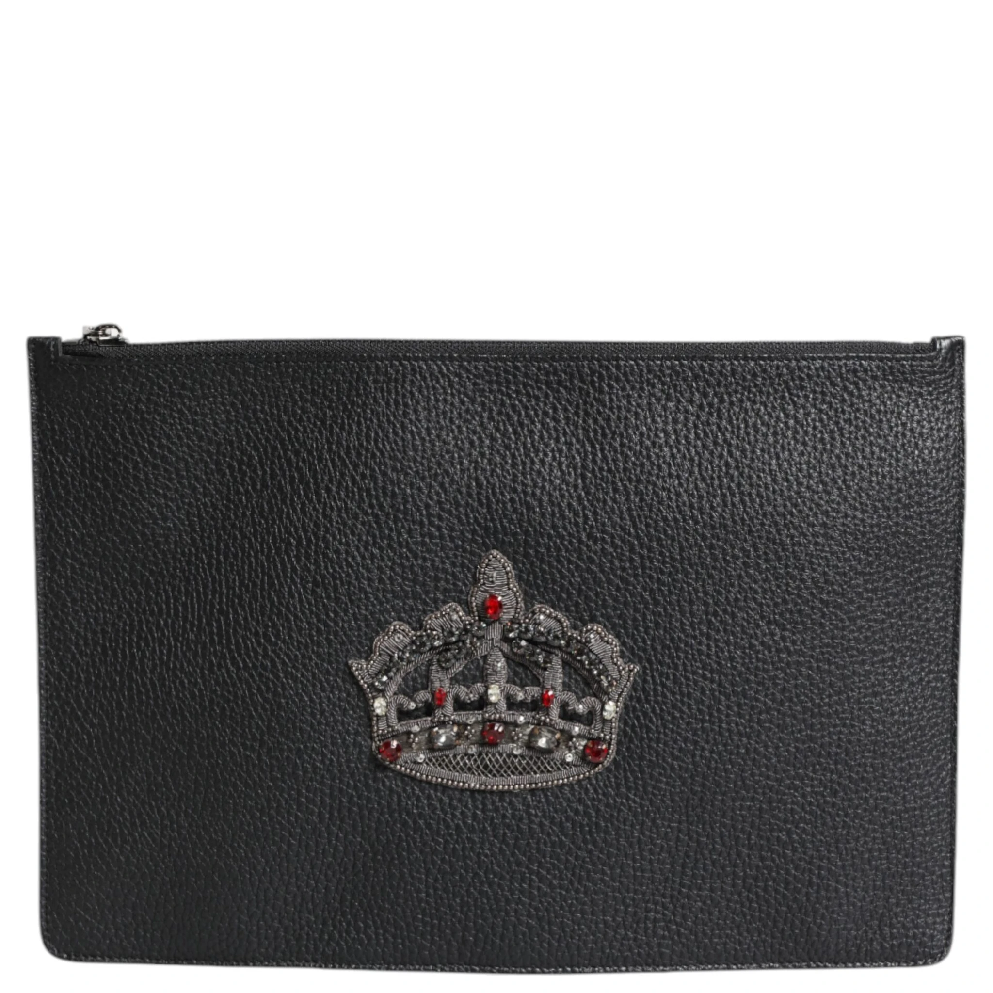 Black Calfskin Crown Embellished Clutch Pouch Bag