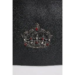 Black Calfskin Crown Embellished Clutch Pouch Bag