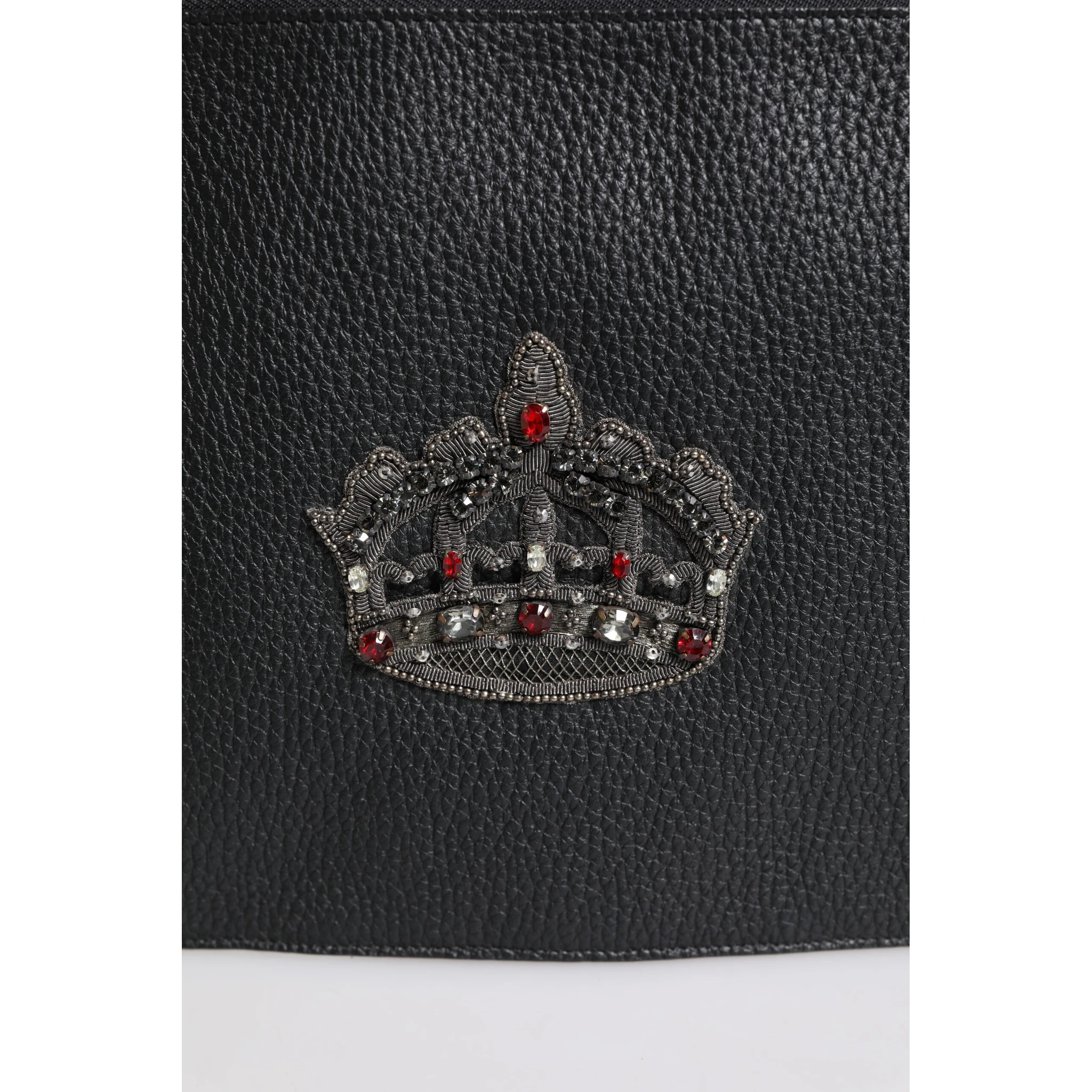Black Calfskin Crown Embellished Clutch Pouch Bag