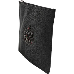 Black Calfskin Crown Embellished Clutch Pouch Bag