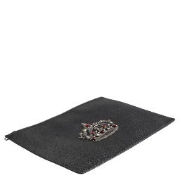 Black Calfskin Crown Embellished Clutch Pouch Bag