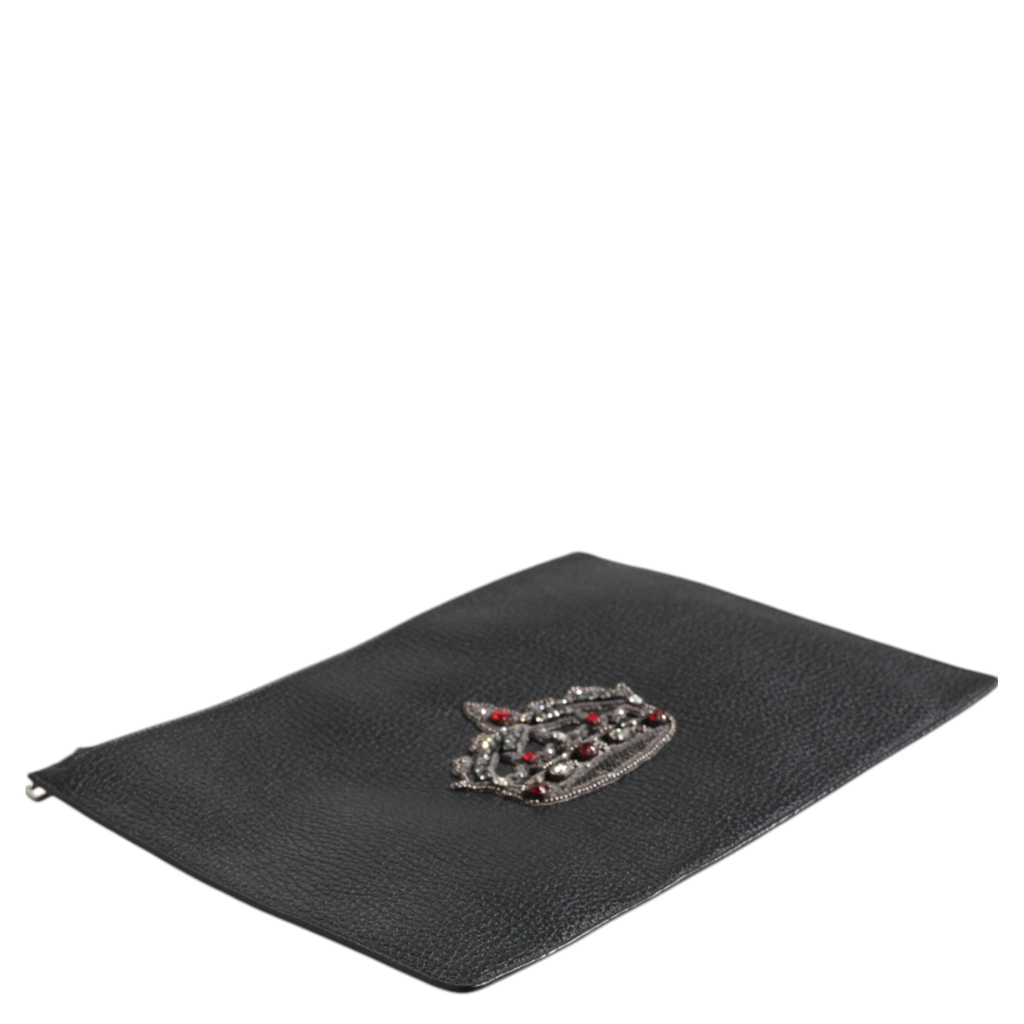 Black Calfskin Crown Embellished Clutch Pouch Bag