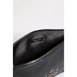 Black Calfskin Crown Embellished Clutch Pouch Bag