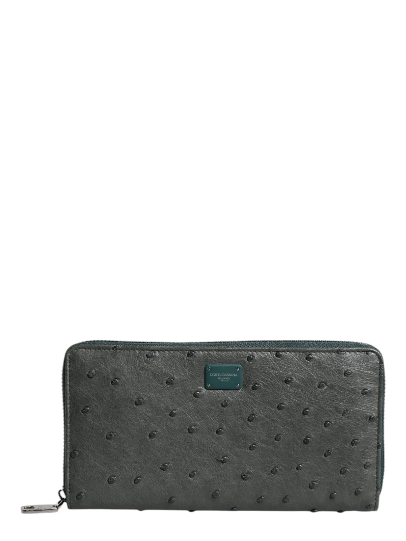 Green Ostrich Logo Plaque Zip Around Continental Wallet