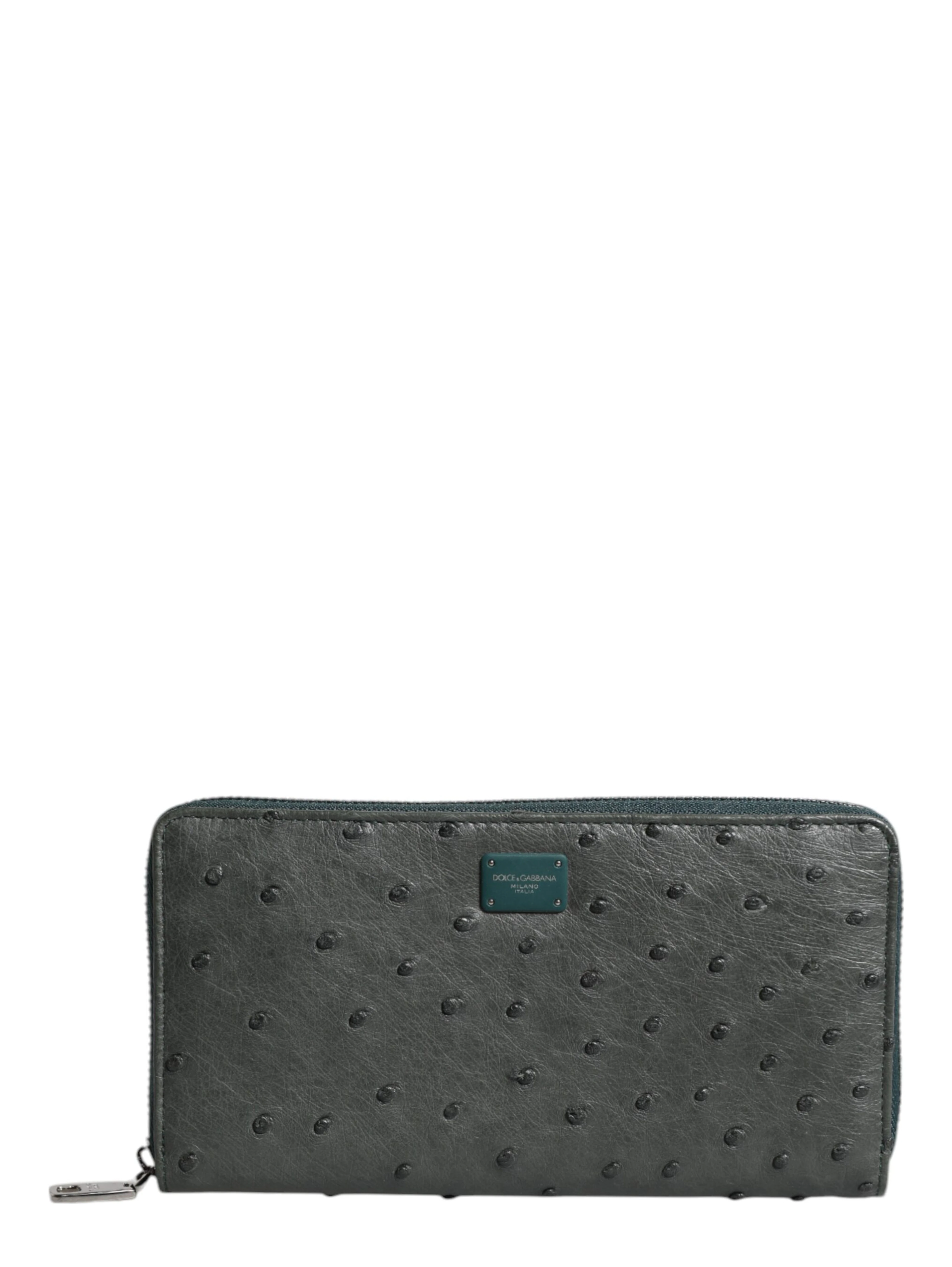 Green Ostrich Logo Plaque Zip Around Continental Wallet