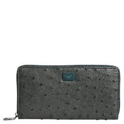 Green Ostrich Logo Plaque Zip Around Continental Wallet
