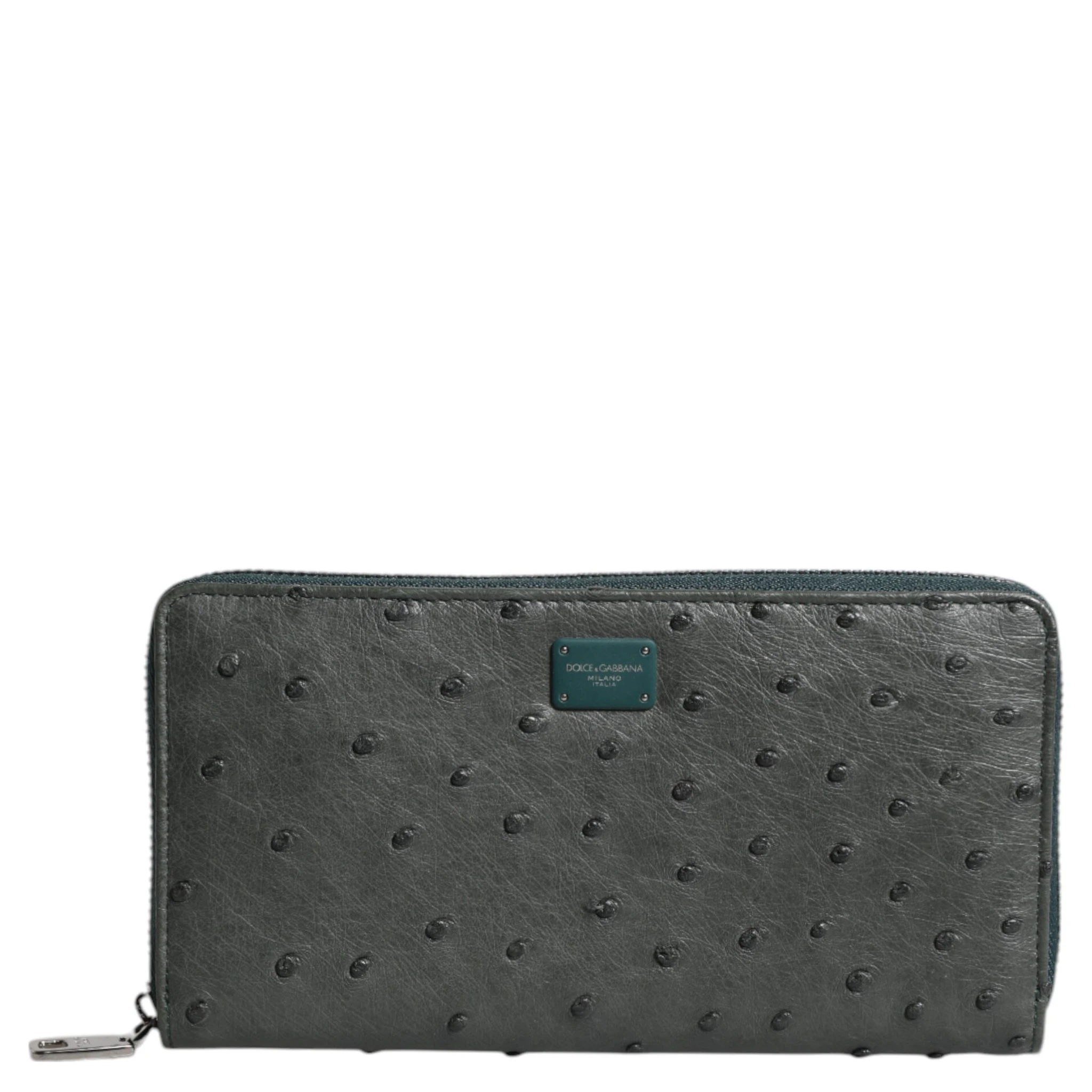 Green Ostrich Logo Plaque Zip Around Continental Wallet
