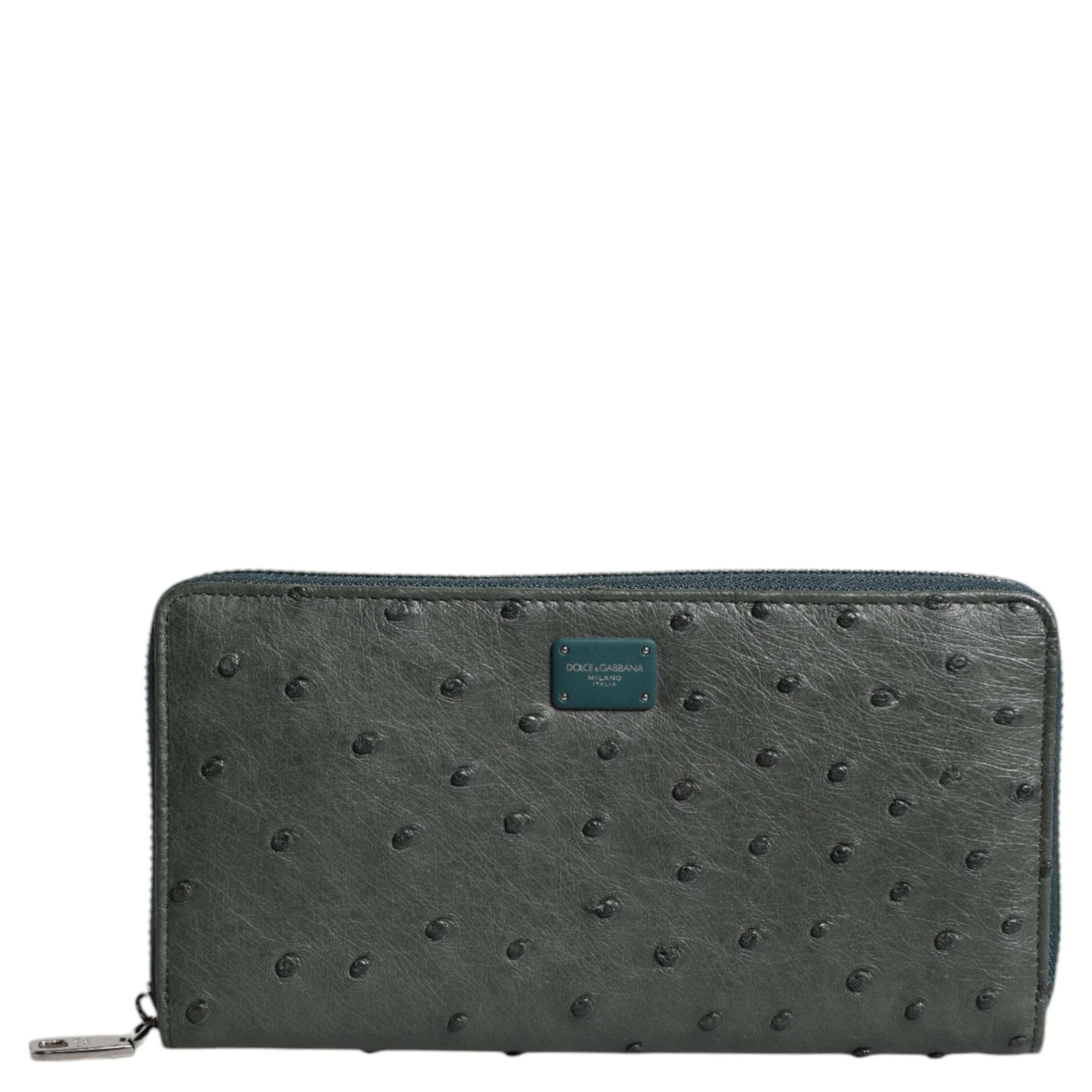 Green Ostrich Logo Plaque Zip Around Continental Wallet