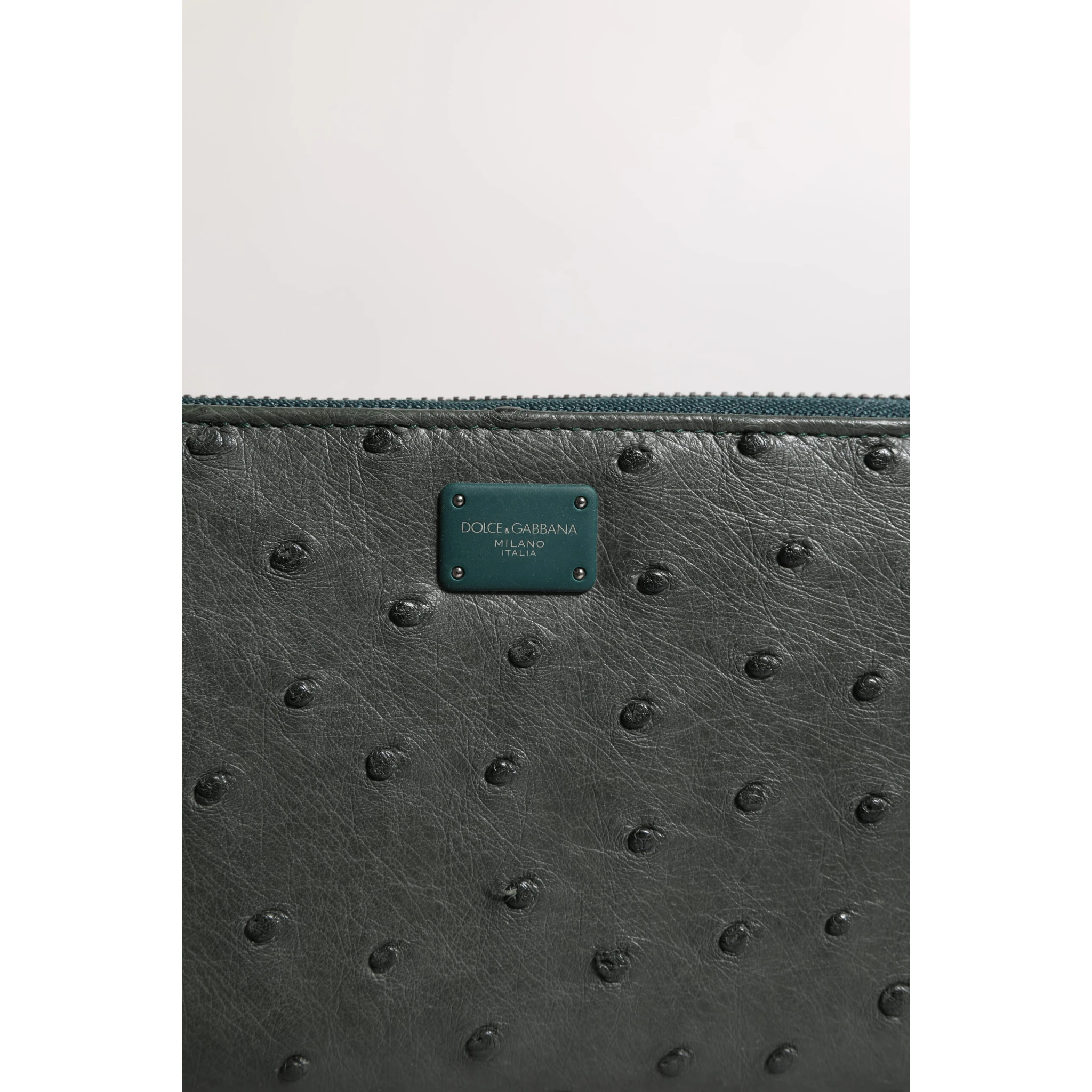 Green Ostrich Logo Plaque Zip Around Continental Wallet
