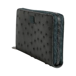 Green Ostrich Logo Plaque Zip Around Continental Wallet