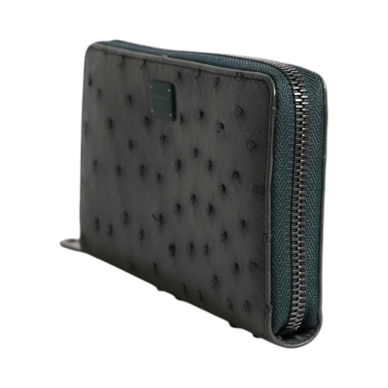 Green Ostrich Logo Plaque Zip Around Continental Wallet
