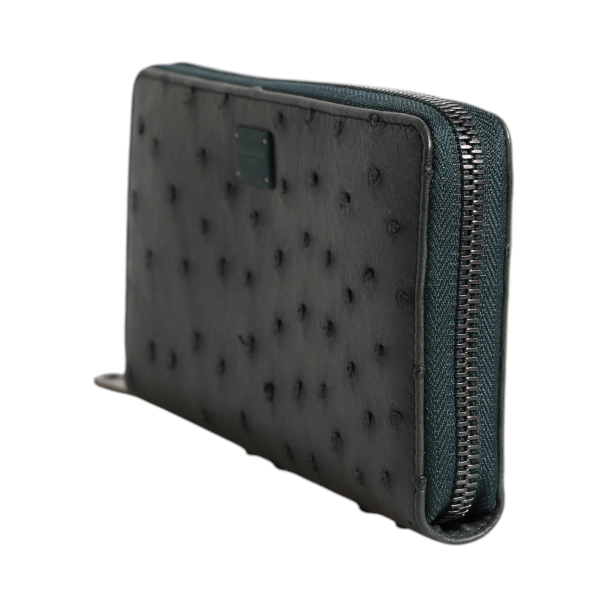 Green Ostrich Logo Plaque Zip Around Continental Wallet