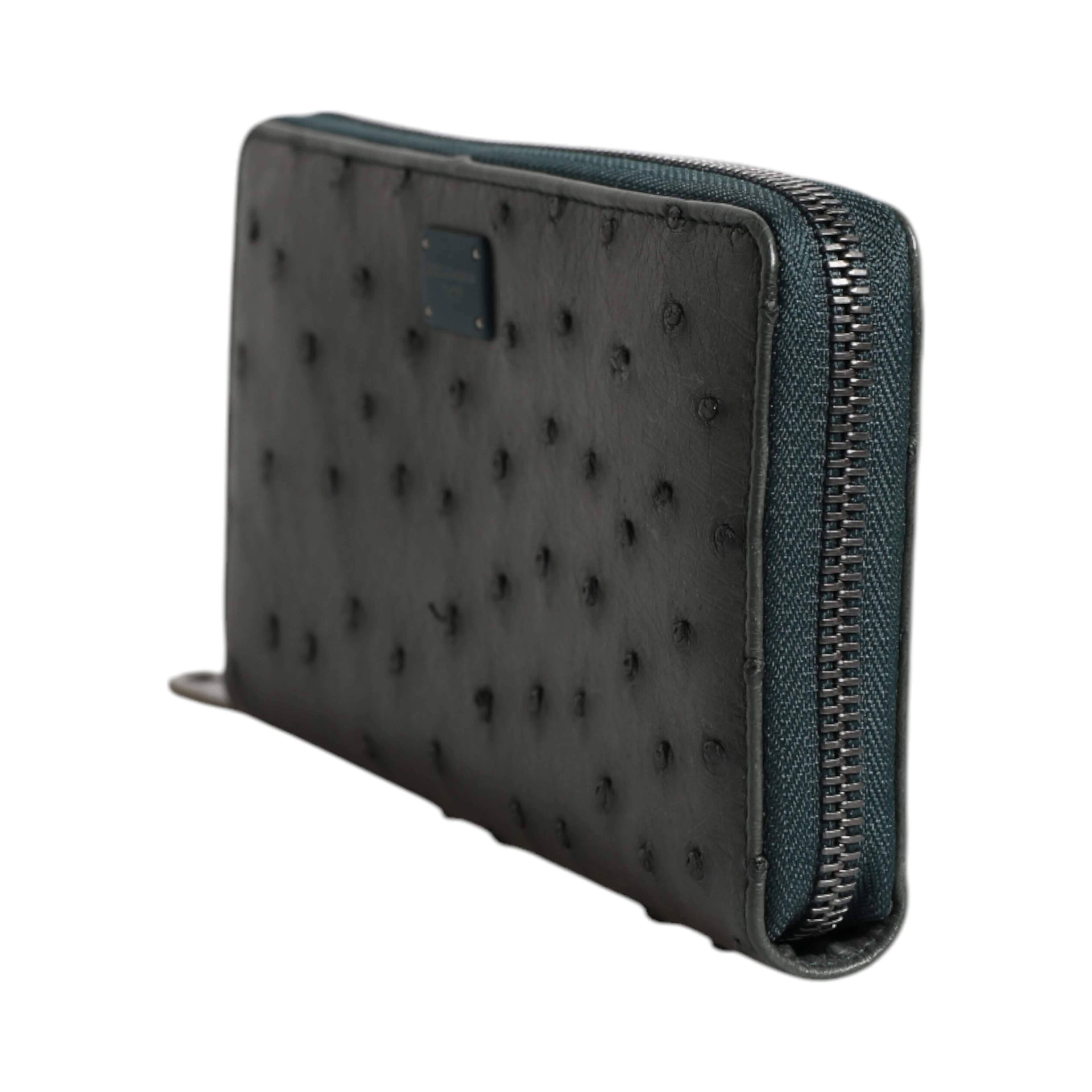 Green Ostrich Logo Plaque Zip Around Continental Wallet