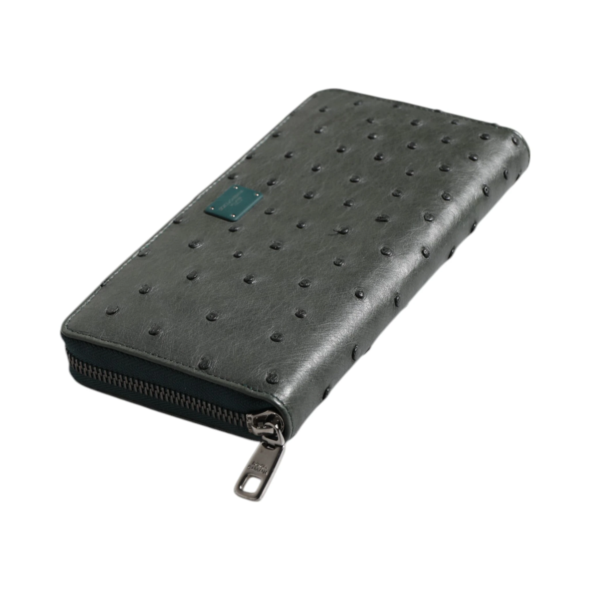Green Ostrich Logo Plaque Zip Around Continental Wallet
