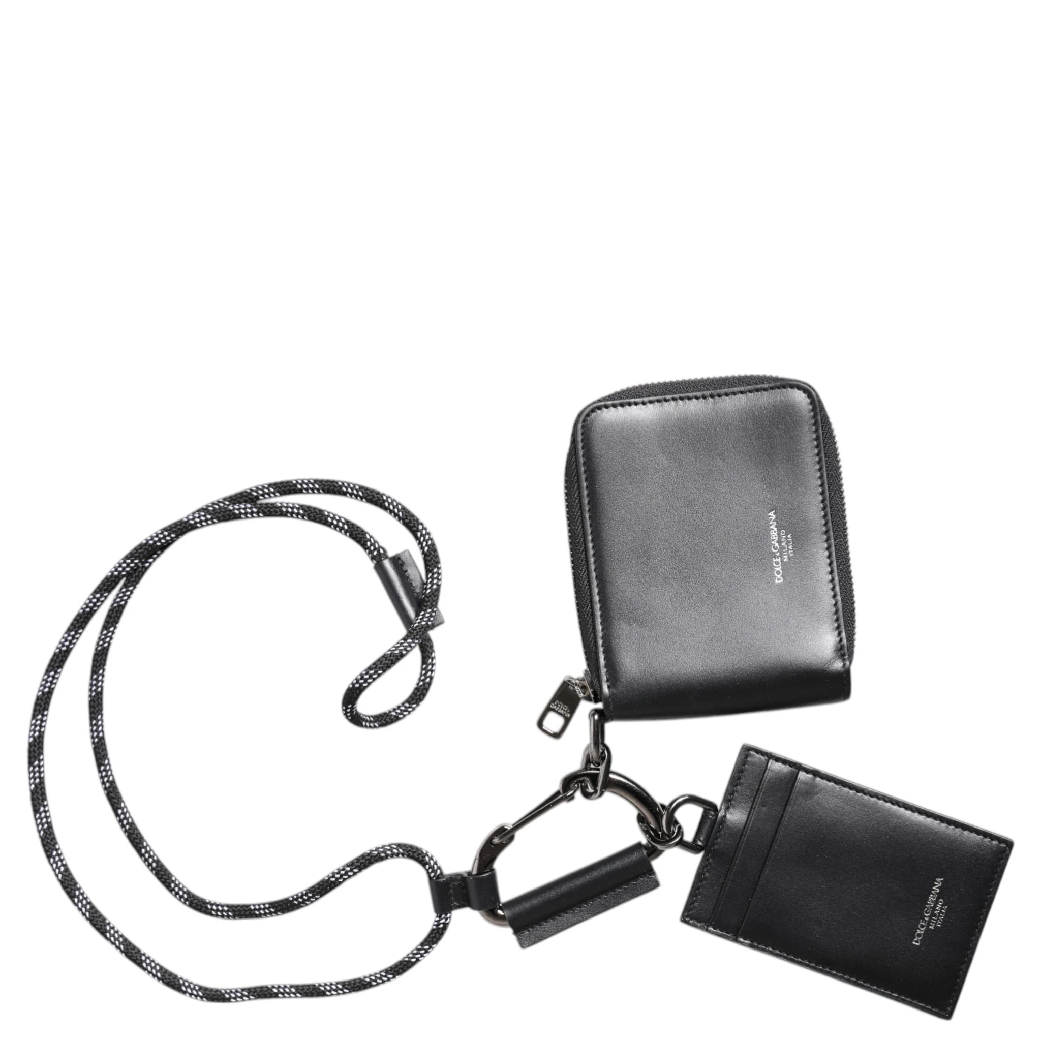 Black Leather Lanyard Zip Around Card Holder Wallet
