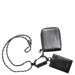 Black Leather Lanyard Zip Around Card Holder Wallet