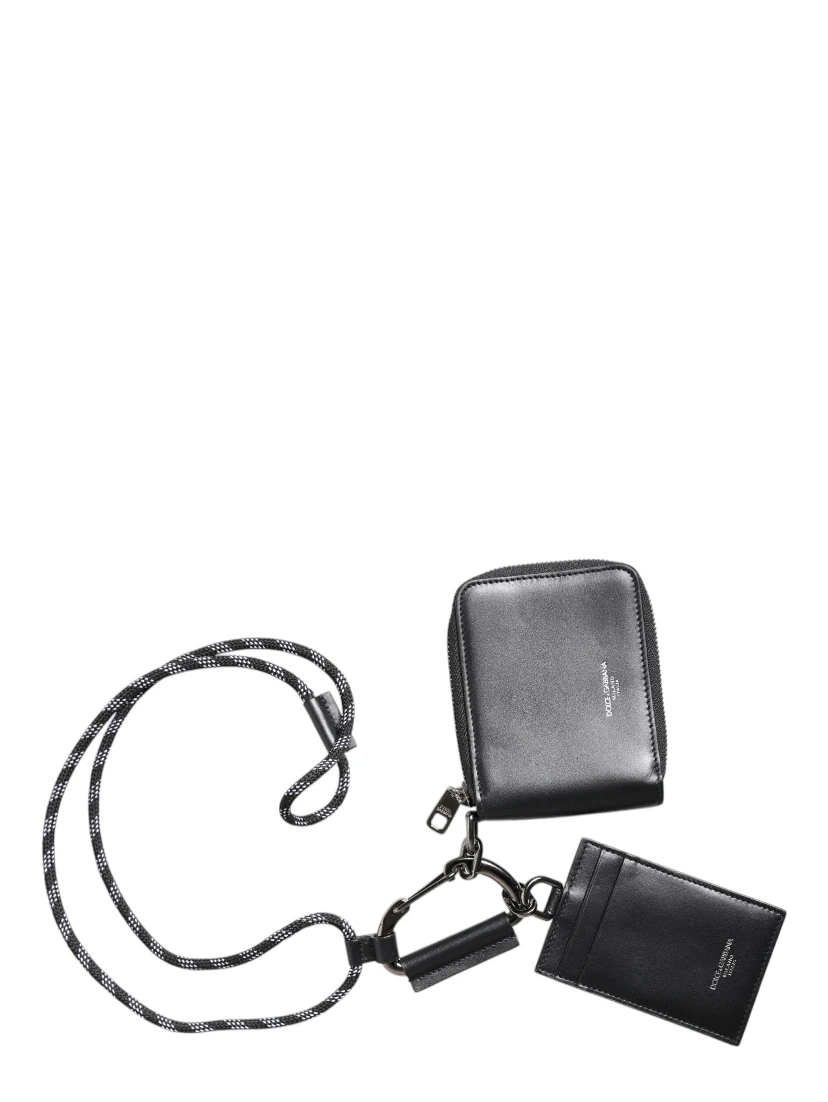 Black Leather Lanyard Zip Around Card Holder Wallet