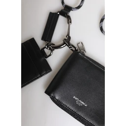 Black Leather Lanyard Zip Around Card Holder Wallet