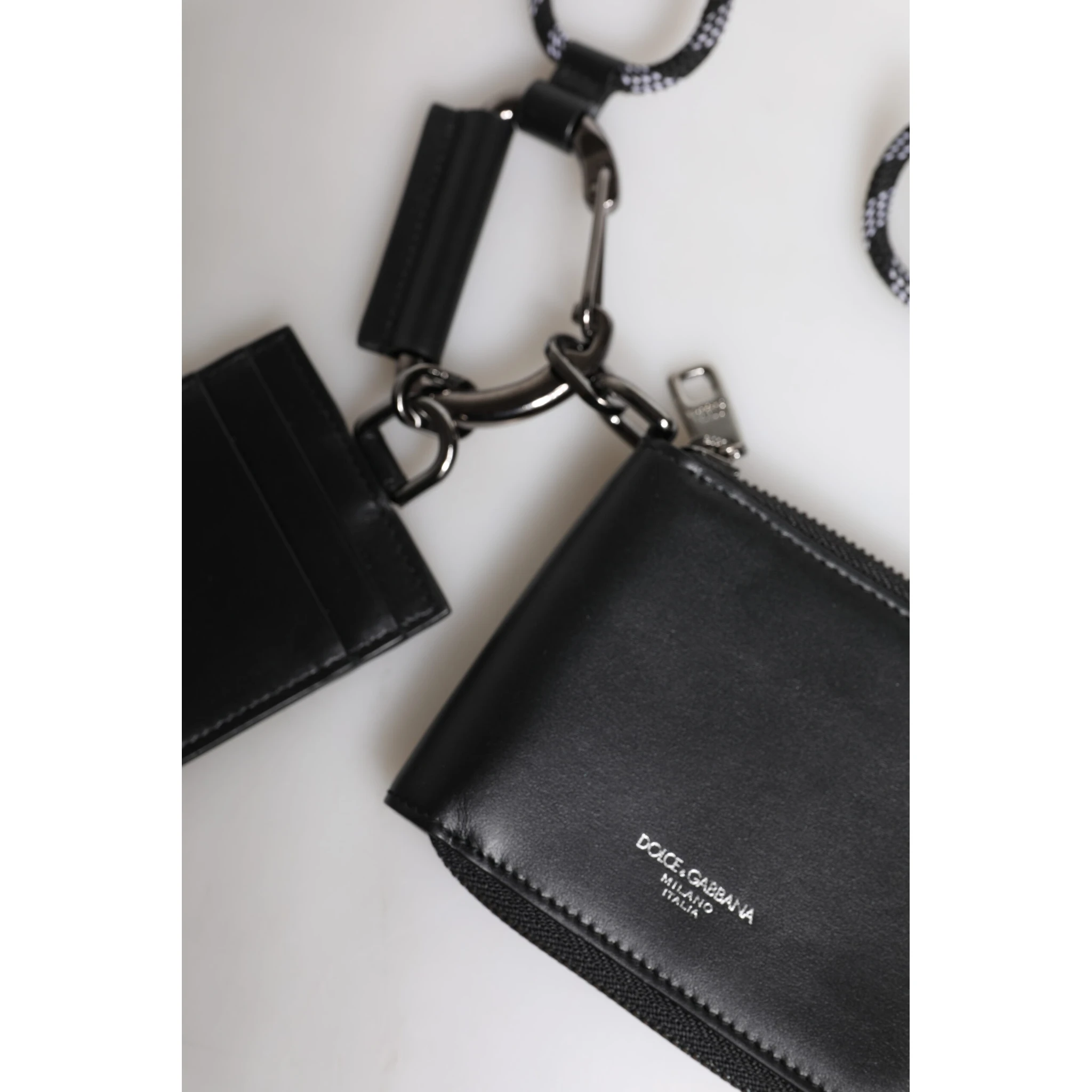 Black Leather Lanyard Zip Around Card Holder Wallet
