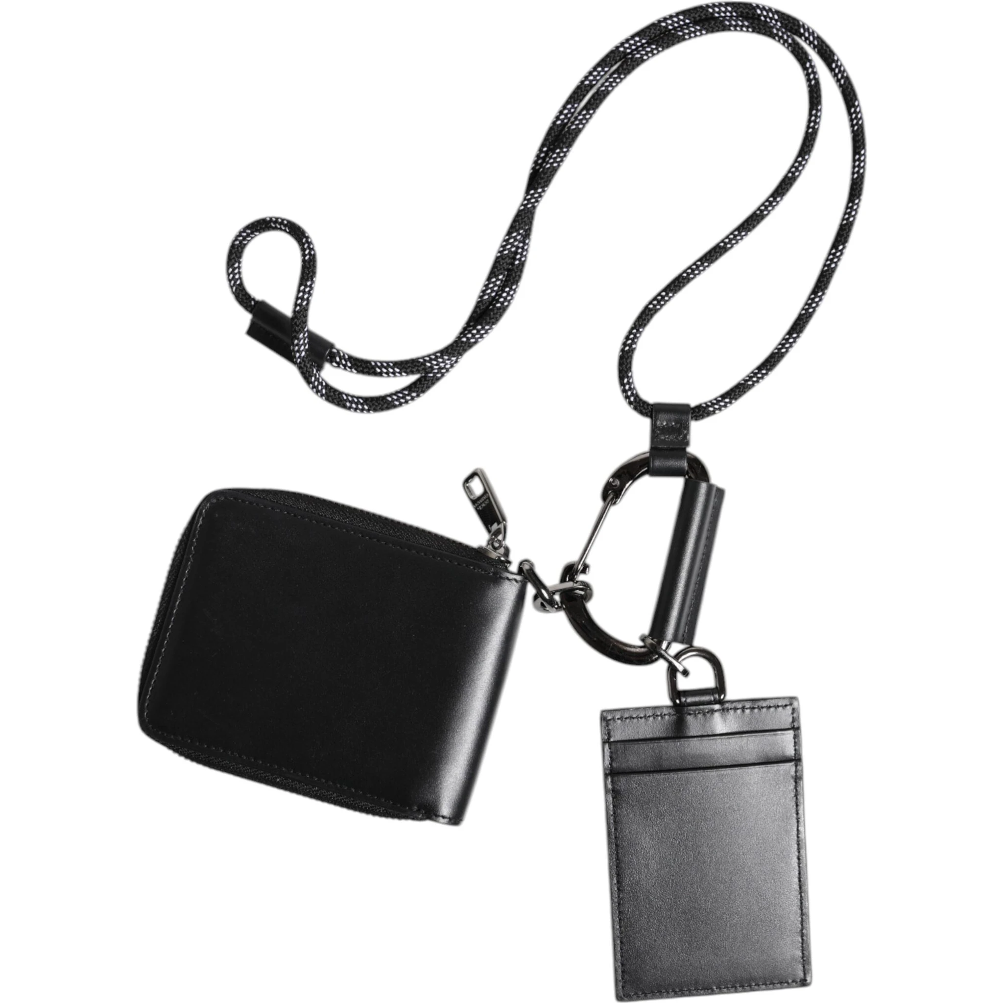 Black Leather Lanyard Zip Around Card Holder Wallet