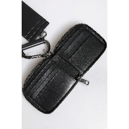 Black Leather Lanyard Zip Around Card Holder Wallet