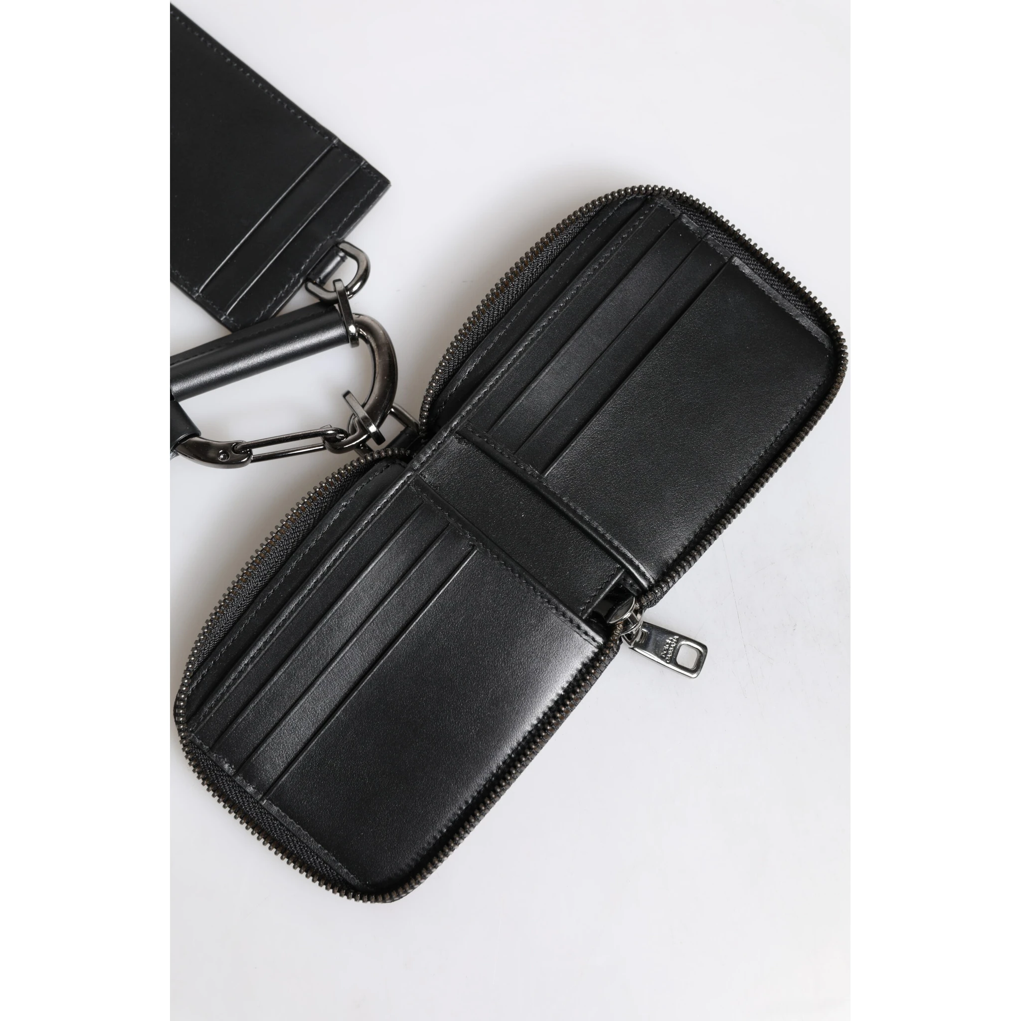 Black Leather Lanyard Zip Around Card Holder Wallet