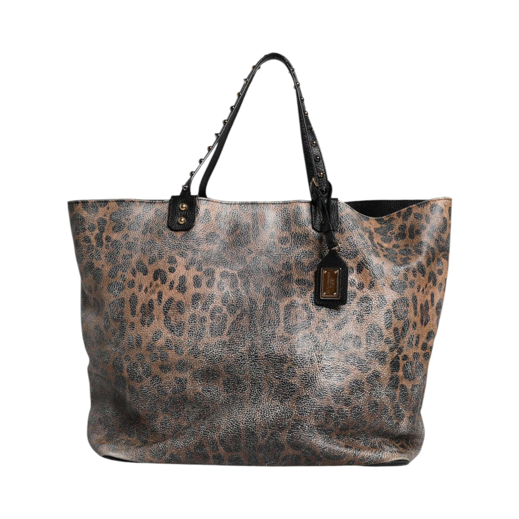 Brown Leopard BEATRICE Leather Logo Plaque Tote Bag