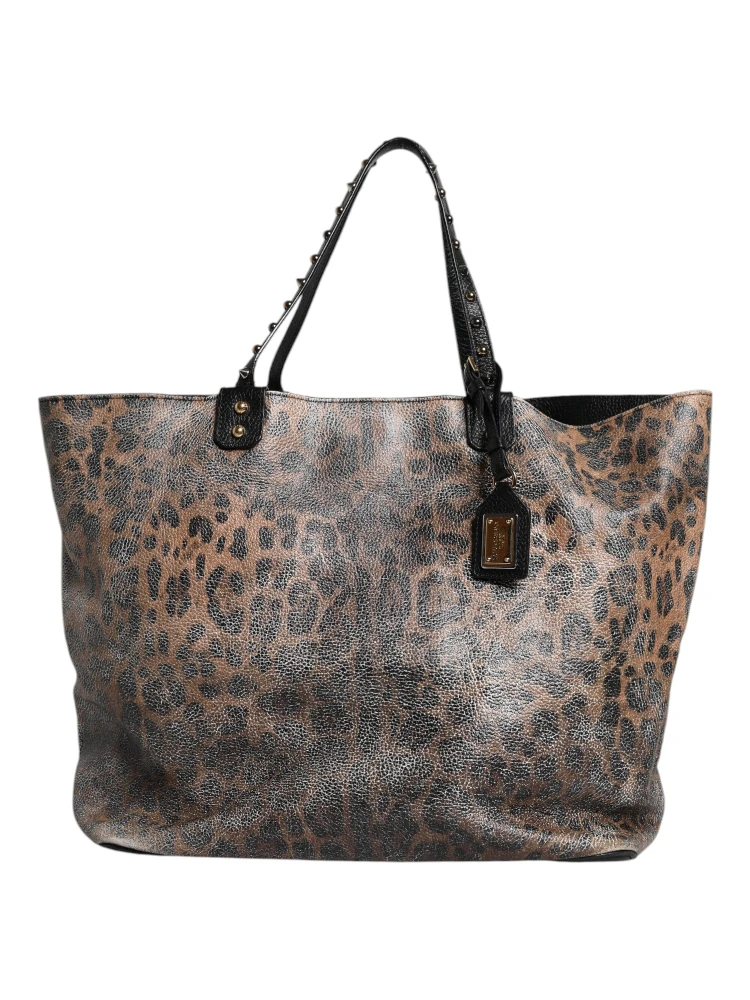 Brown Leopard BEATRICE Leather Logo Plaque Tote Bag alternative