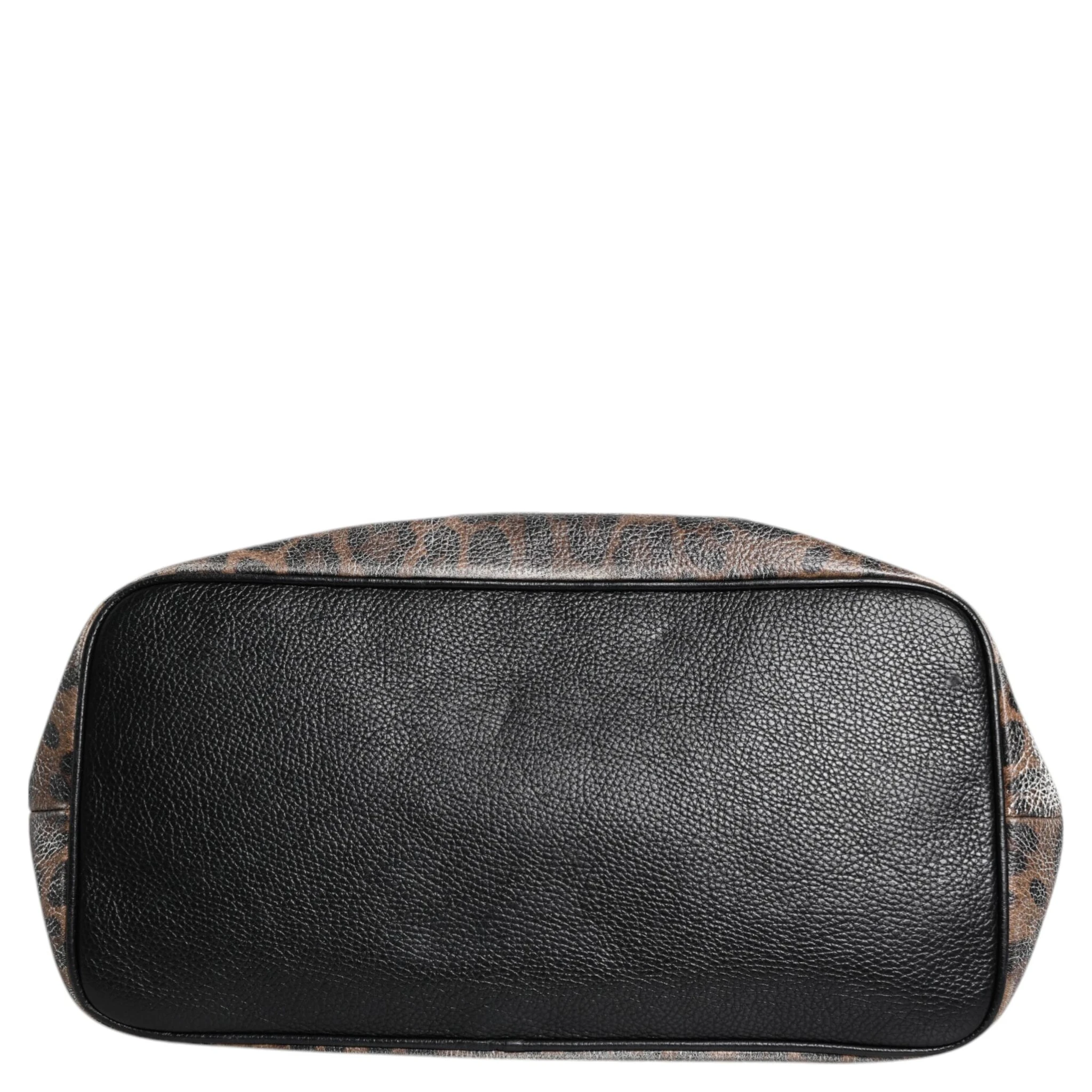 Brown Leopard BEATRICE Leather Logo Plaque Tote Bag