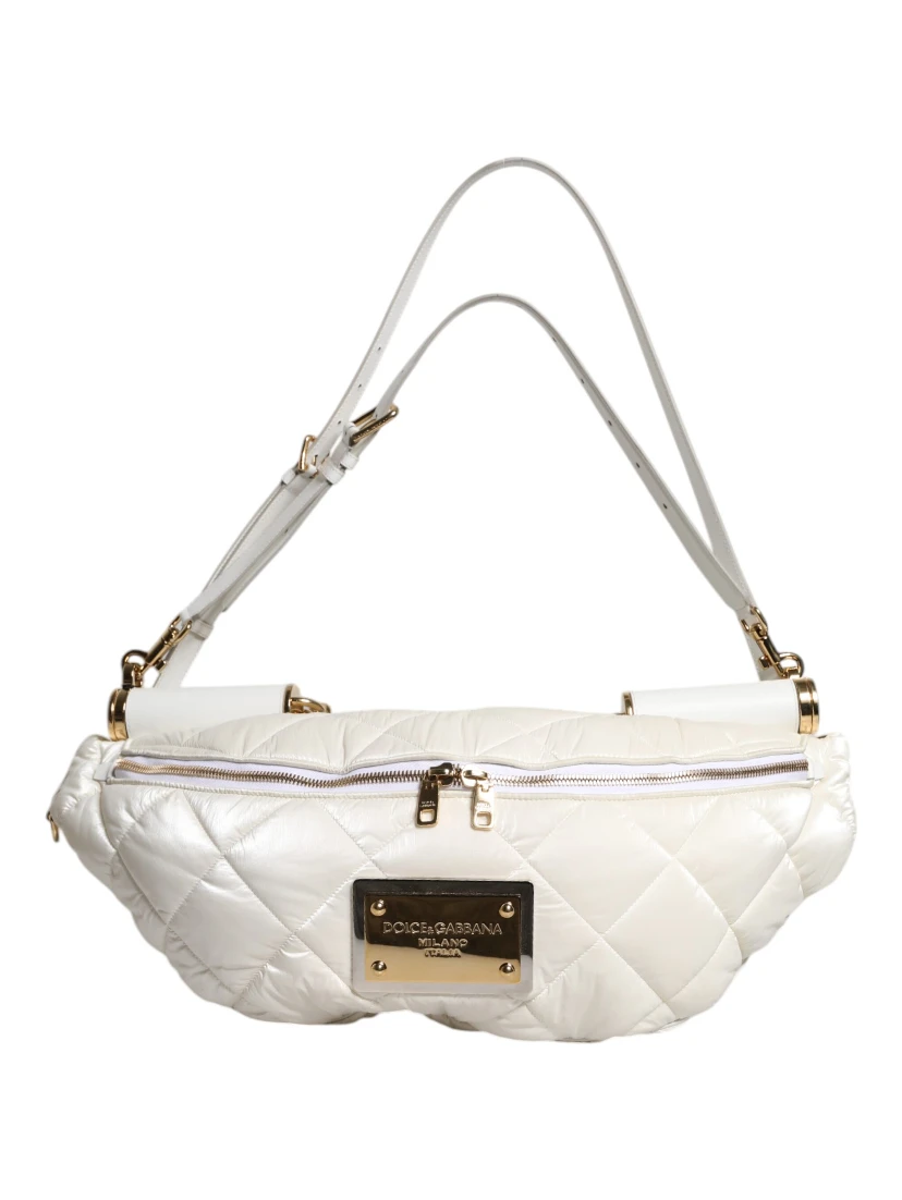 White Quilted Logo Plaque Belt Waist Fanny Pack Bag