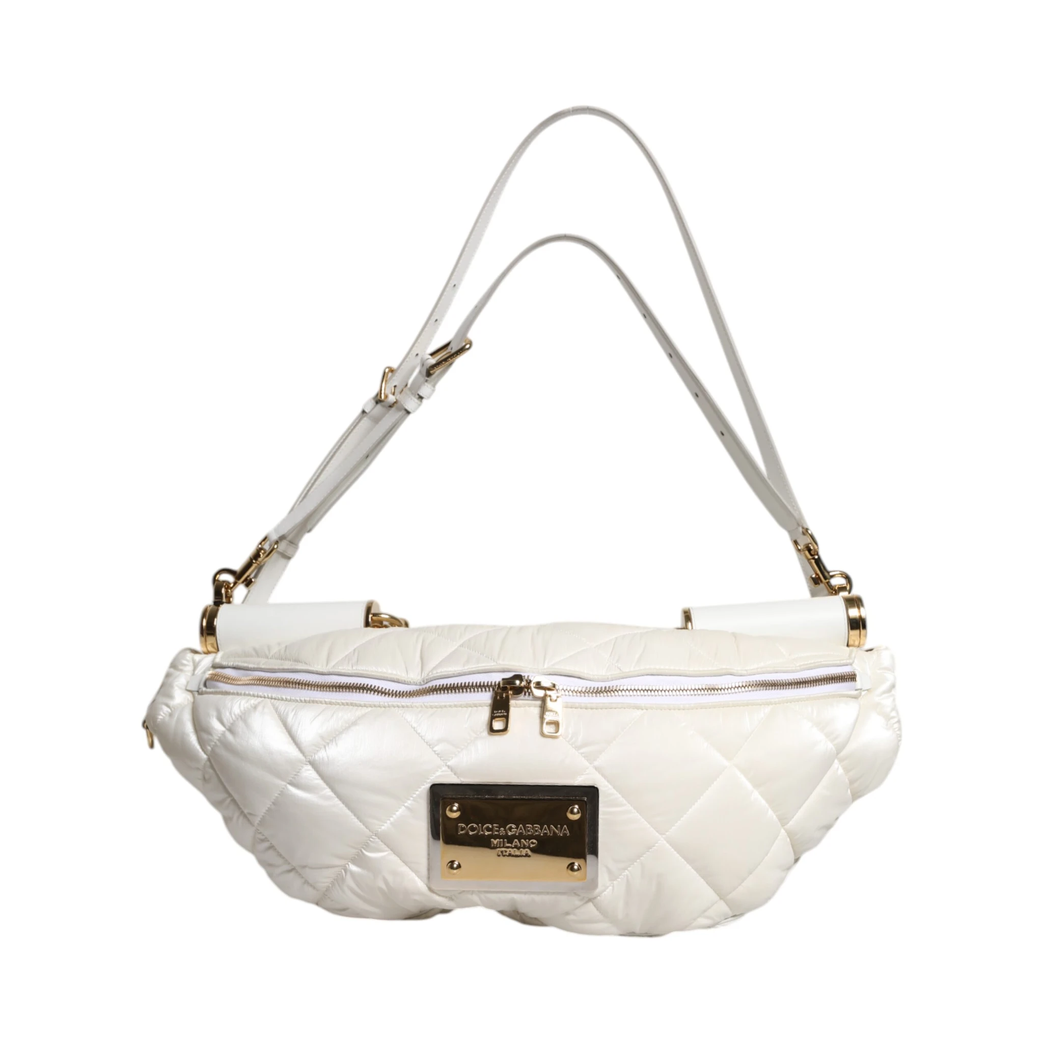 White Quilted Logo Plaque Belt Waist Fanny Pack Bag