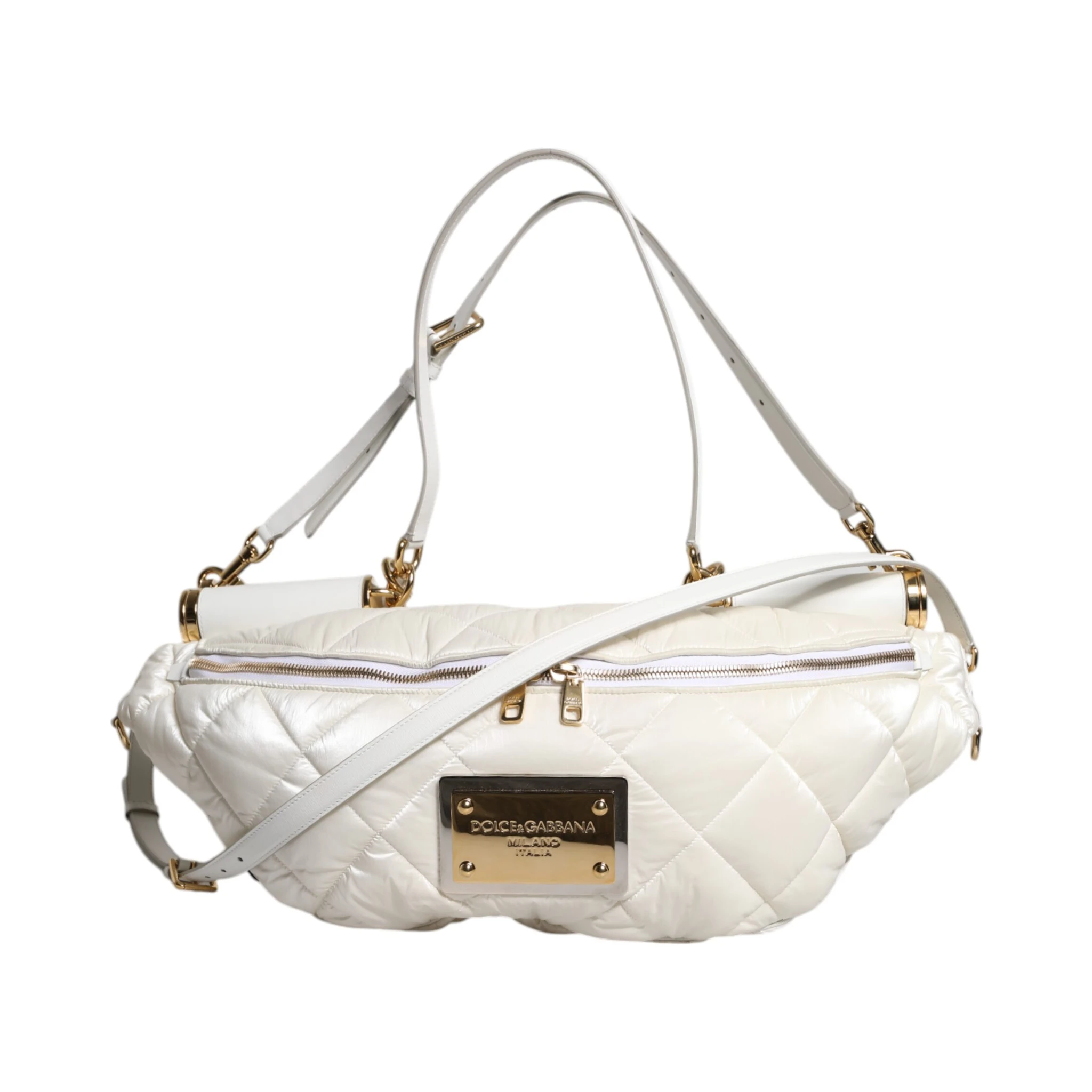 White Quilted Logo Plaque Belt Waist Fanny Pack Bag