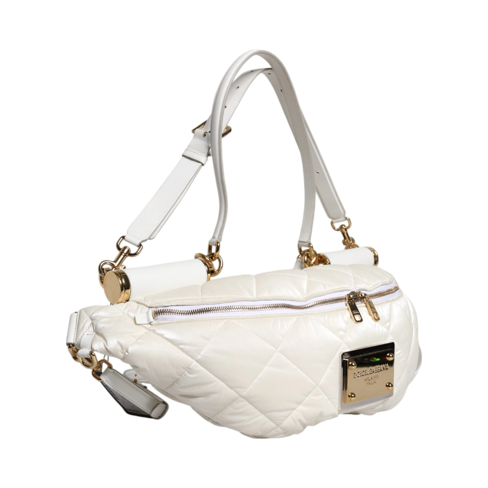 White Quilted Logo Plaque Belt Waist Fanny Pack Bag