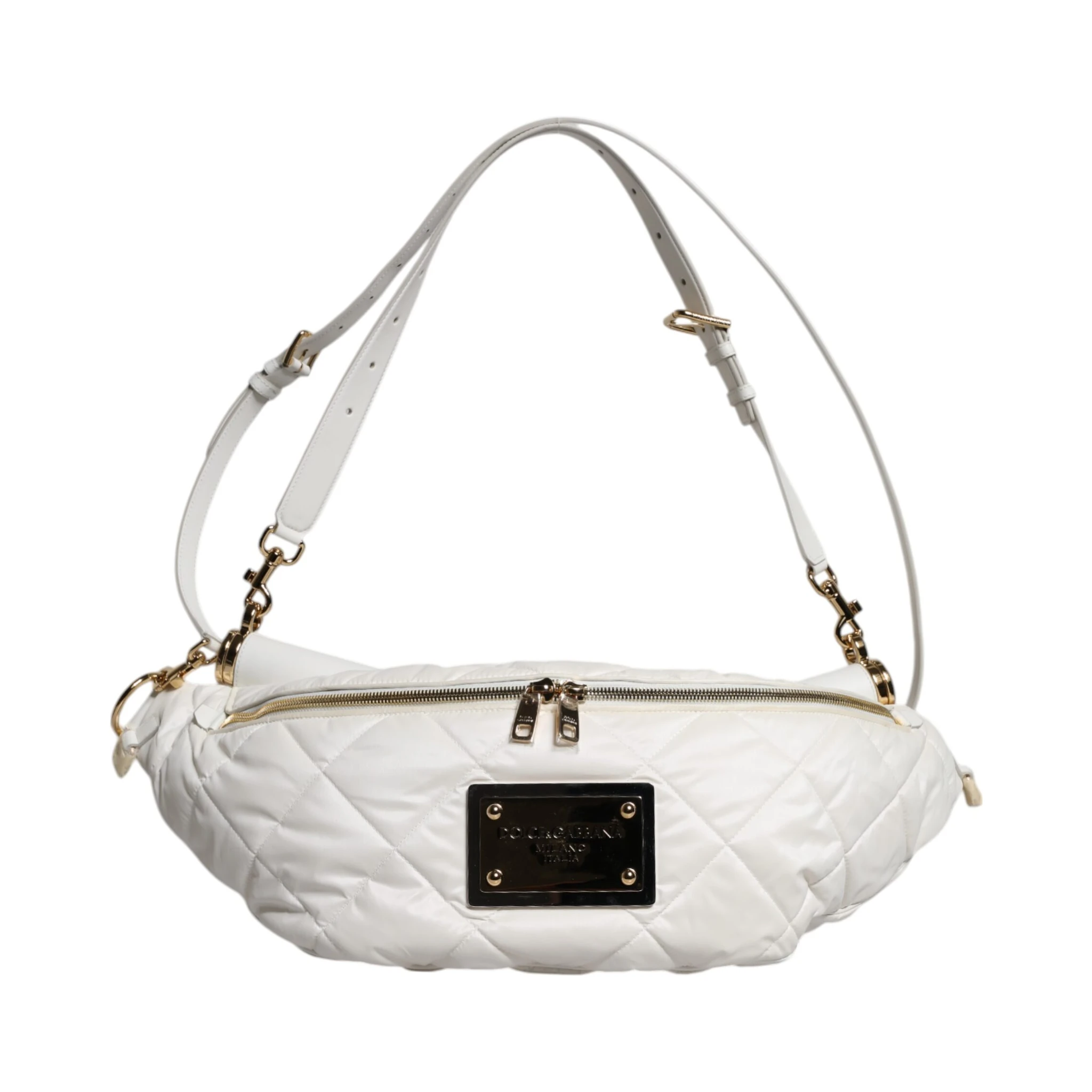 White Quilted Logo Plaque Belt Waist Fanny Pack Bag
