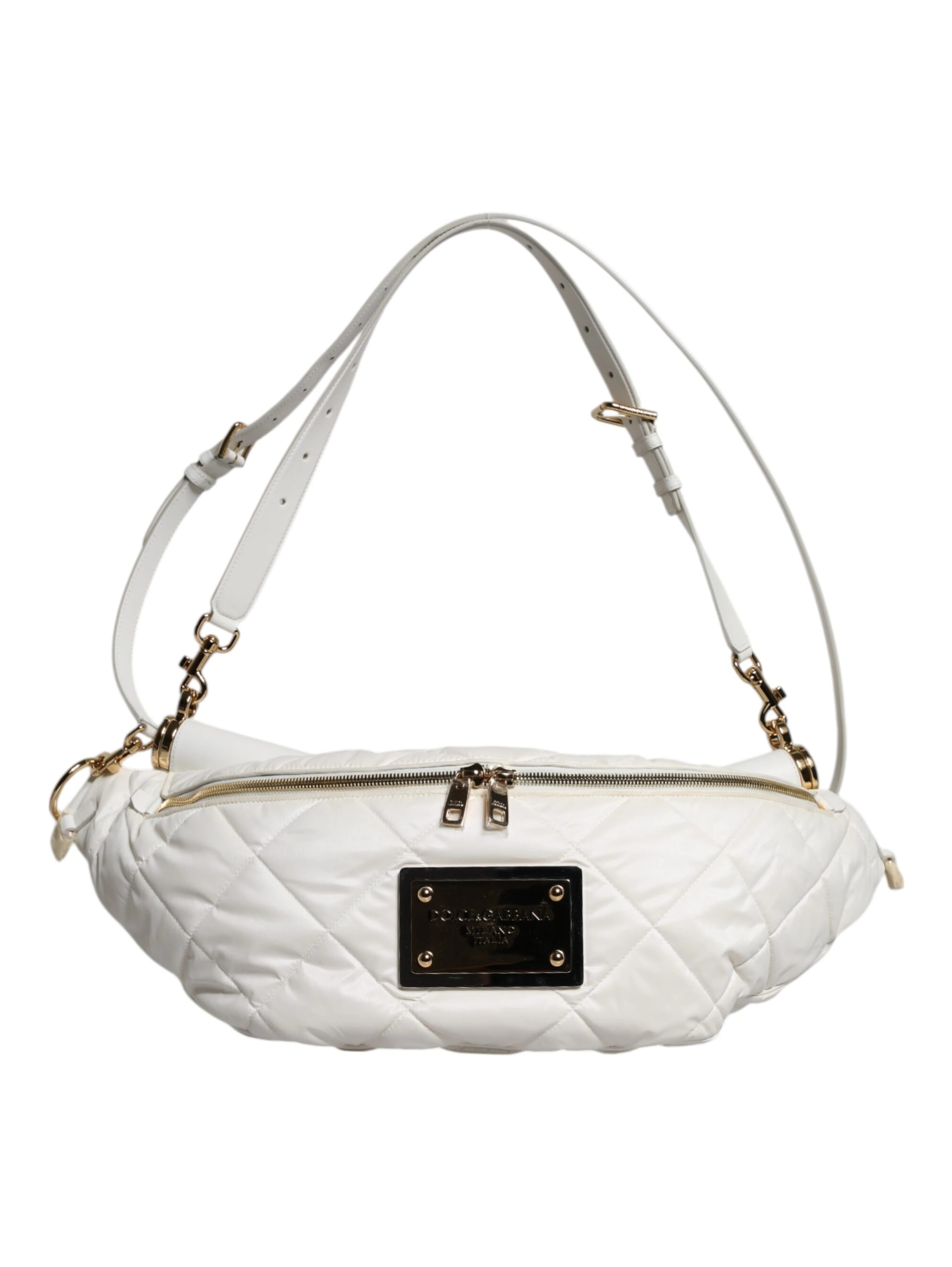White Quilted Logo Plaque Belt Waist Fanny Pack Bag