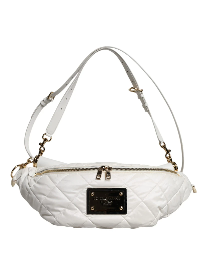 White Quilted Logo Plaque Belt Waist Fanny Pack Bag