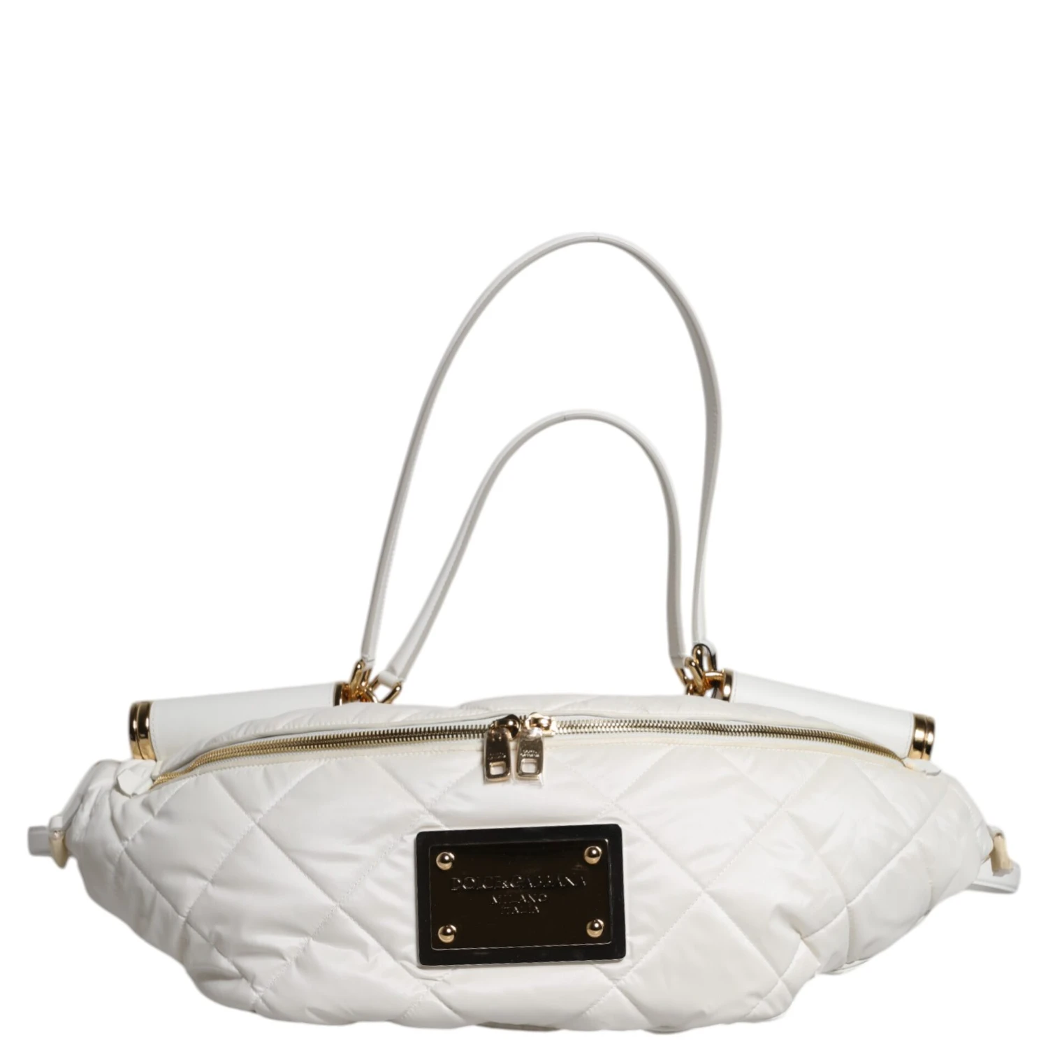 White Quilted Logo Plaque Belt Waist Fanny Pack Bag