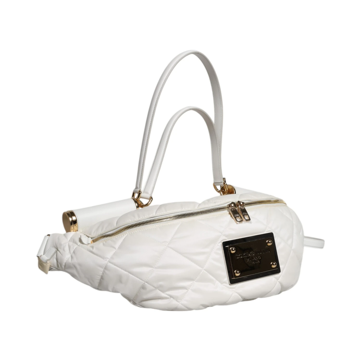 White Quilted Logo Plaque Belt Waist Fanny Pack Bag