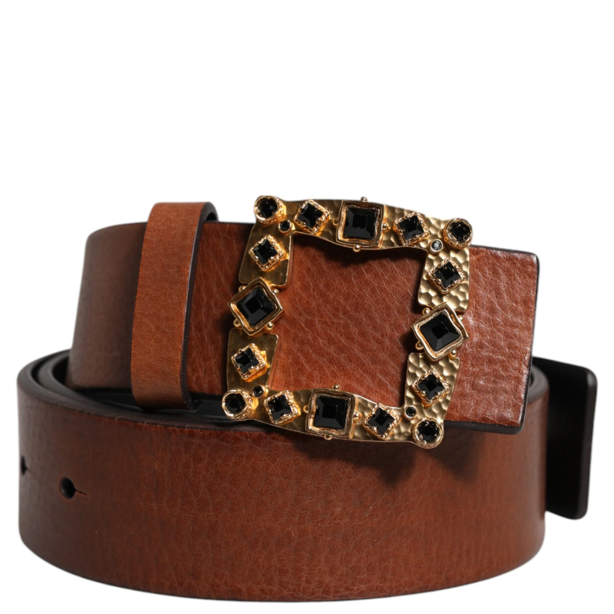 Brown Leather Gold Crystal Buckle Belt