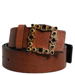Brown Leather Gold Crystal Buckle Belt