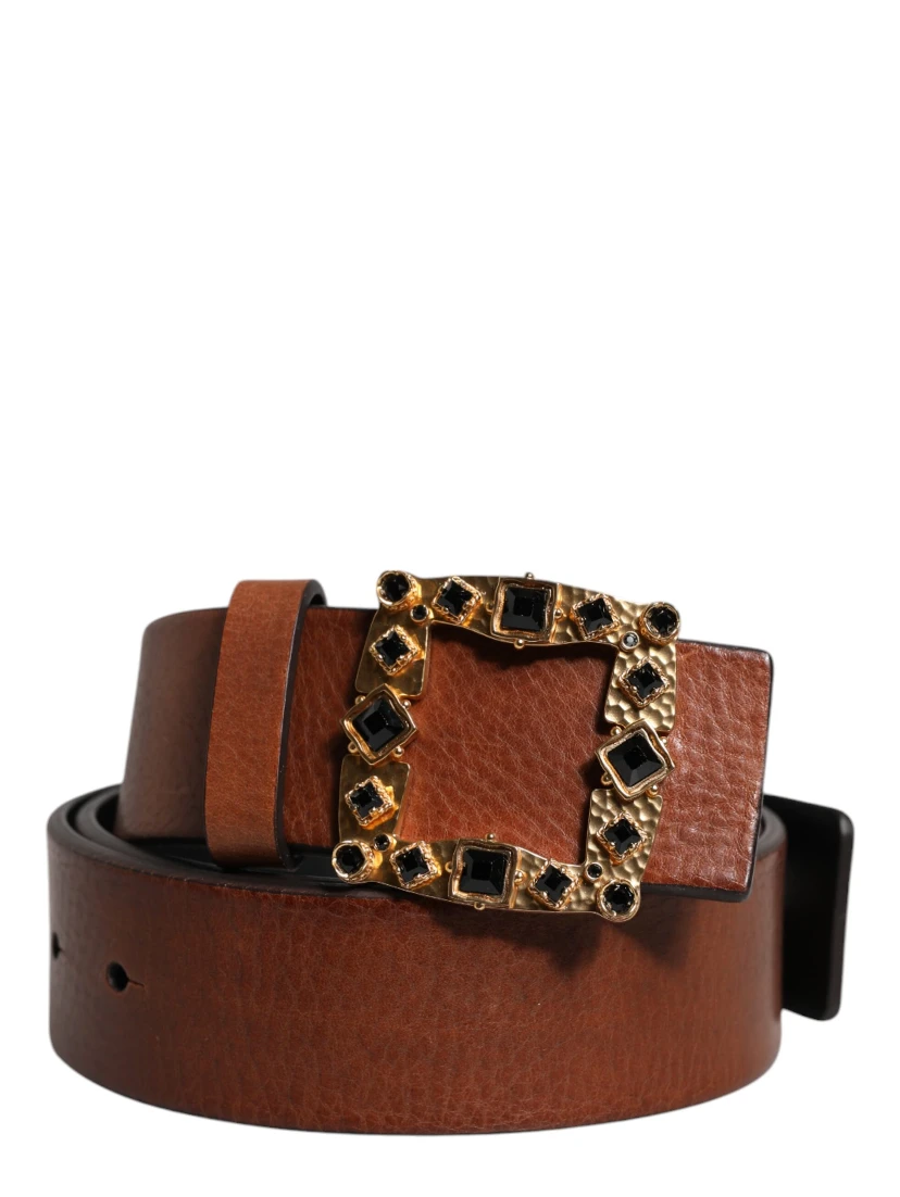 Brown Leather Gold Crystal Buckle Belt
