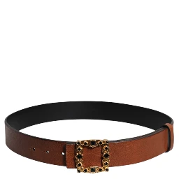 Brown Leather Gold Crystal Buckle Belt