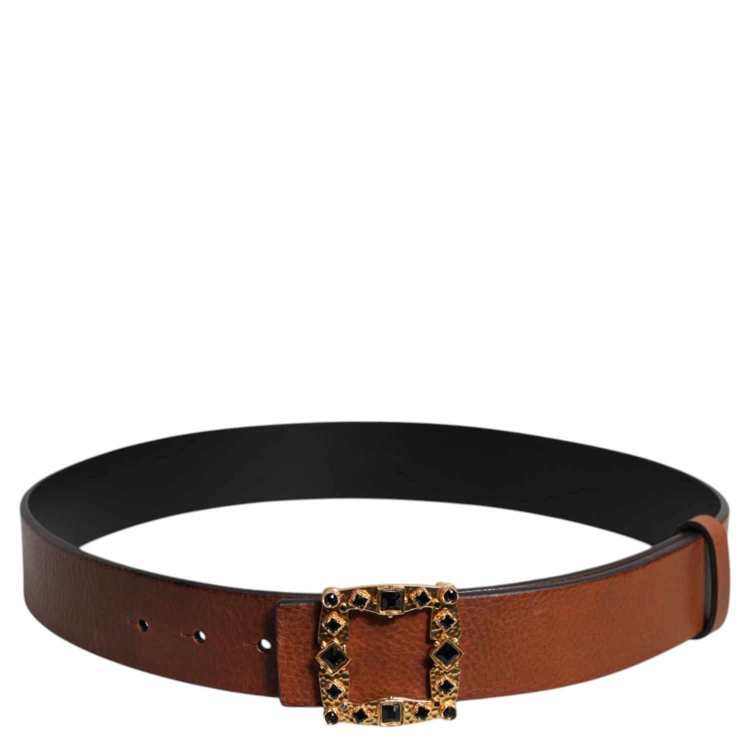 Brown Leather Gold Crystal Buckle Belt