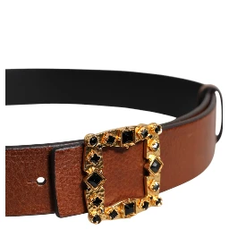 Brown Leather Gold Crystal Buckle Belt