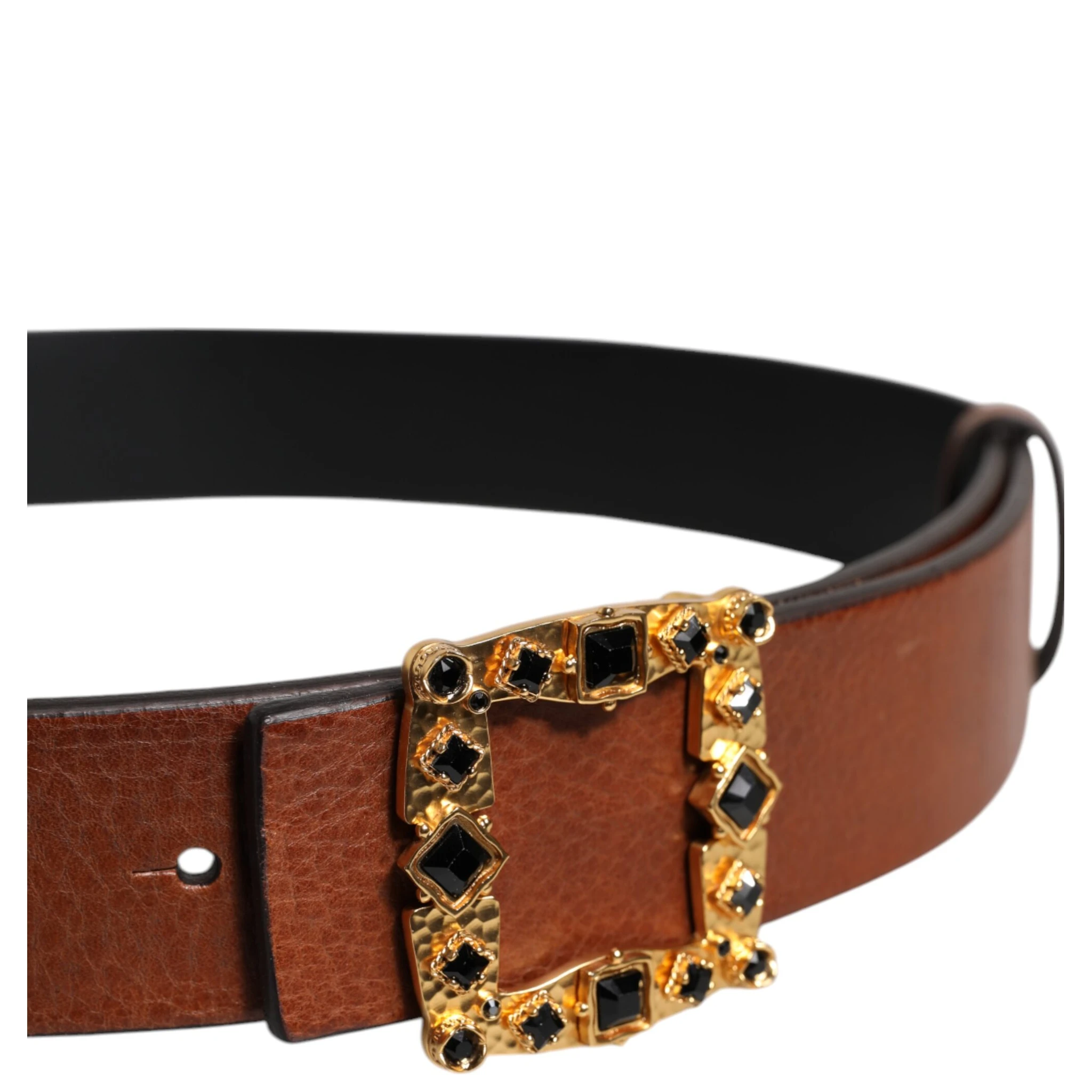 Brown Leather Gold Crystal Buckle Belt