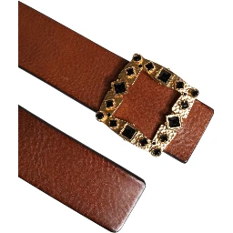 Brown Leather Gold Crystal Buckle Belt