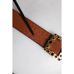 Brown Leather Gold Crystal Buckle Belt