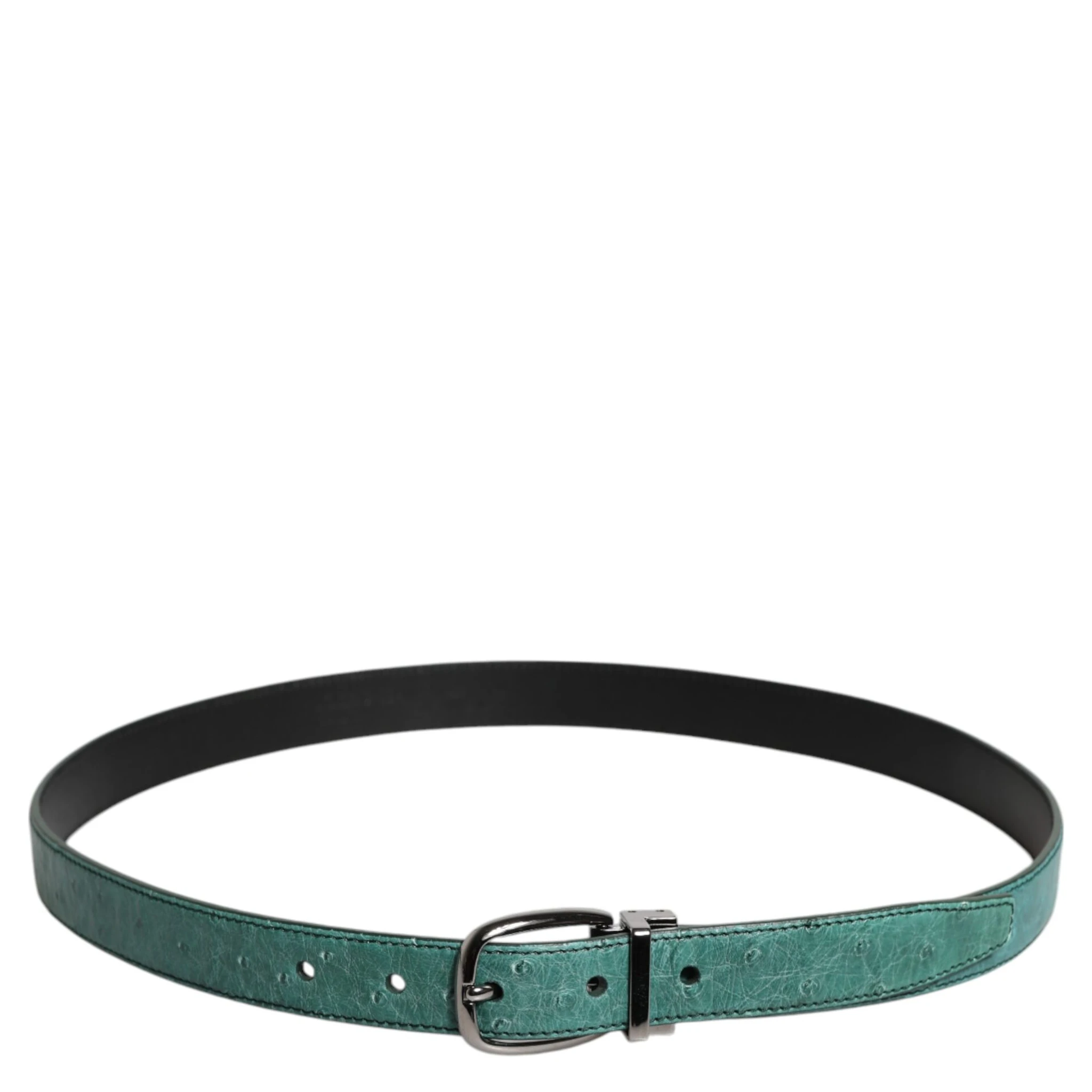 Green Ostrich Leather Silver Metal Buckle Belt