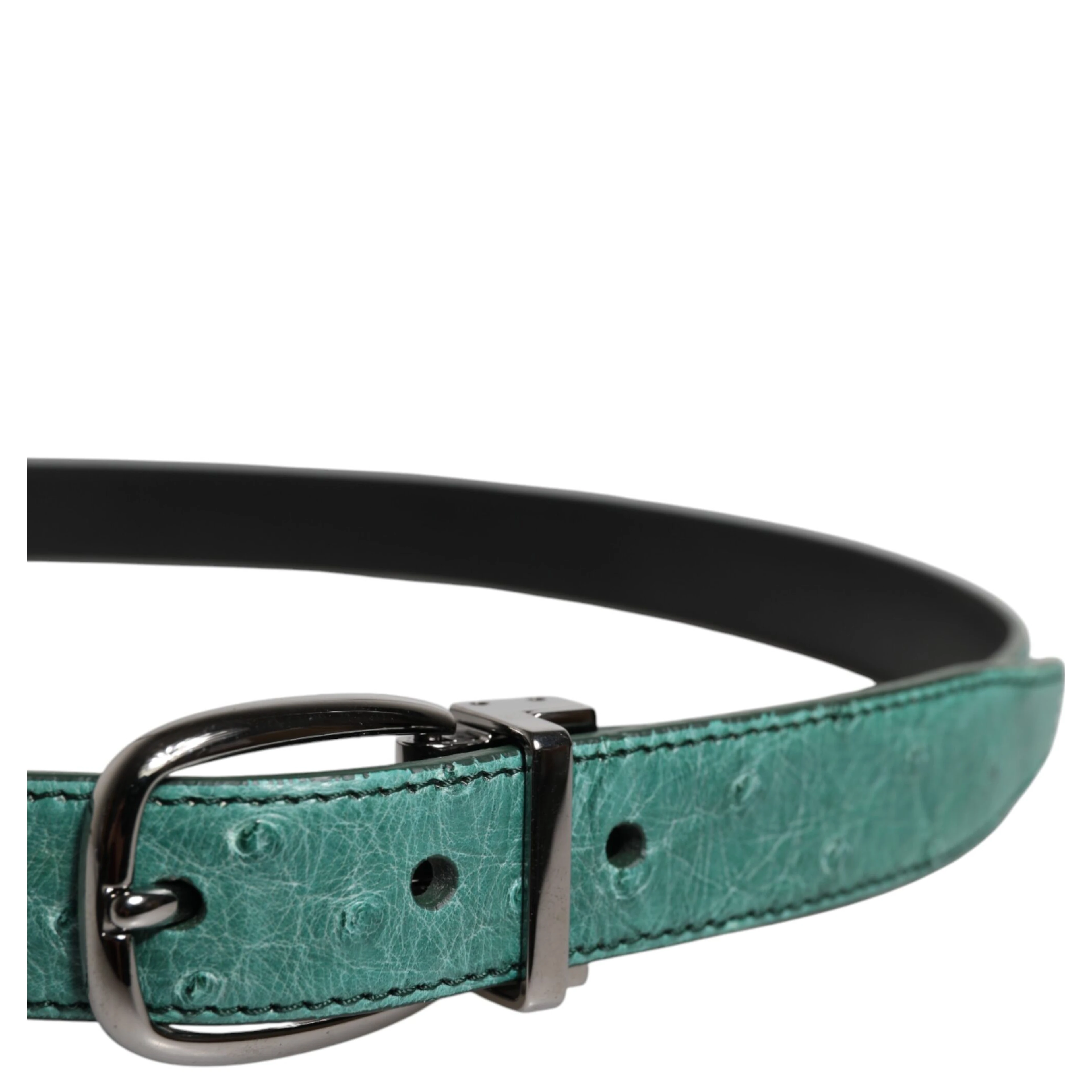 Green Ostrich Leather Silver Metal Buckle Belt